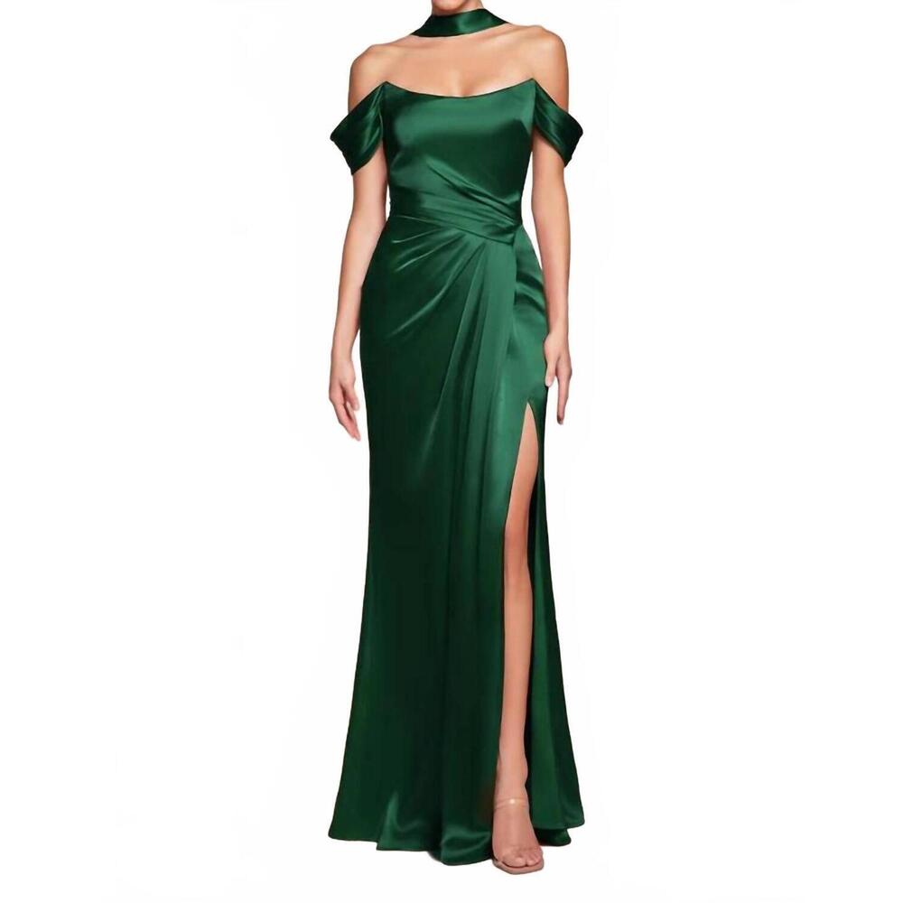 NEW LADIVINE satin fitted off shoulder slit gown in emerald